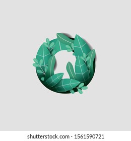 Letter O Paper Cut Style Design With Green Leaf Beautiful Ornament Handcraft White Background. Vector Stock Illustration