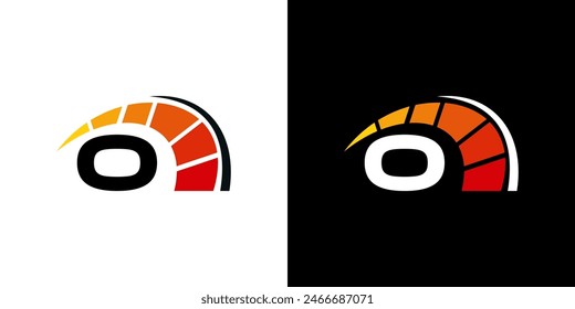 Logotipo de la carrera de la letra O, con el velocímetro del logotipo para las carreras, taller, automotriz