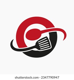 Letter O Restaurant Logo Combined with Spatula and Spoon Icon