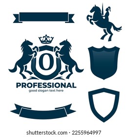 Letter O Retro Crest With Shield And Two Horses Vector, heraldic shield with crown, horse silhouette