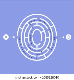 Letter O shape Maze Labyrinth, maze with one way to entrance and one way to exit. Flat design, vector illustration.