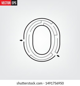 Letter O shape Maze Labyrinth, maze with one way to entrance and one way to exit. Flat design, vector illustration.