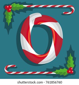 Letter O, sign 0 of red and white sweets sweet candy cane on red background, illustration, vector