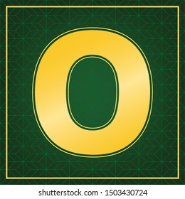 Letter O sign design template element. Golden icon with gold contour at dark green gridded background. Illustration.
