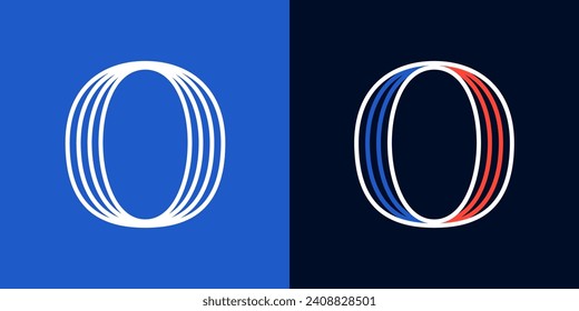 Letter O sport logo. Blue and red lines font. Patriotic emblem for Independence or Veterans Day. Serif type for college baseball team, basketball uniform, vintage style headlines, motorcycle magazine.