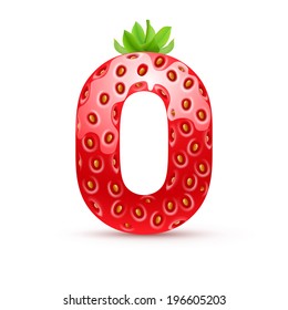 Letter O in strawberry style with green leaves
