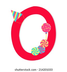 Letter "o" from stylized alphabet with candies. Letter "o" from stylized alphabet with candies: lollipop, Peppermint Candy, birthday hat. White background.