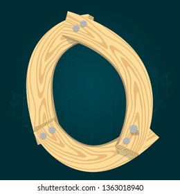 Letter O - stylized vector font made from wooden planks hammered with iron nails.