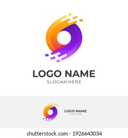 letter O tech logo, letter O and technology, combination logo with 3d purple and orange color style