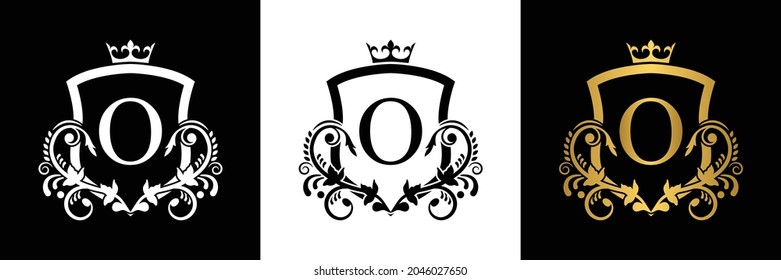 Letter O template logo shield letter with crown. alphabet . Beautiful royal initials letter.
