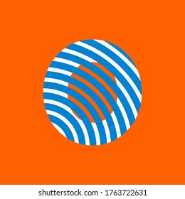 Letter O texture of curved lines in white and blue on orange background for party, editable vector