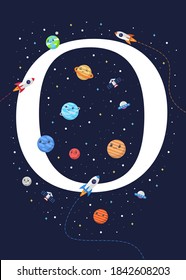 The letter O with the theme of outer space for Children. Letter graphic vector illustration for kids on outer space theme. space kids, letters for children.