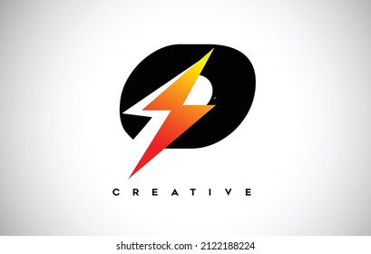 Logo-Konzept von Letter O mit schwarzem Buchstaben und orangefarbenem Donner. O Leuchtbolzen Donner Blitz Lighting Strike Creative Letter Vector.
