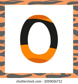 Letter O with tiger pattern. Festive font and frame from orange with black stripes alphabet, symbol for New Year and Christmas