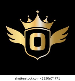 Letter O Transportation Logo With Wing, Shield And Crown Icon. Wing Logo On Shield Symbol