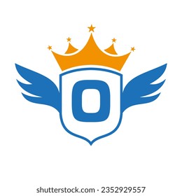 Letter O Transportation Logo With Wing, Shield And Crown Icon. Wing Logo On Shield Symbol