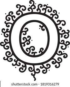 Letter O typography design with swirl  folk ornament reminds plants and sprouts. Decorative alphabet element