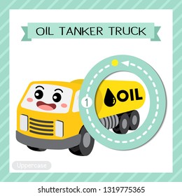 Letter O uppercase cute children colorful transportations ABC alphabet tracing flashcard of Oil Tanker Truck for kids learning English vocabulary and handwriting Vector Illustration.
