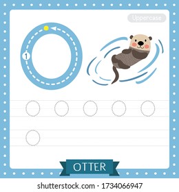 Letter O uppercase cute children colorful zoo and animals ABC alphabet tracing practice worksheet of Floating Otter for kids learning English vocabulary and handwriting vector illustration.