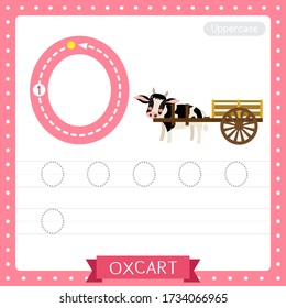 Letter O uppercase cute children colorful transportations ABC alphabet tracing practice worksheet of Oxcart for kids learning English vocabulary and handwriting Vector Illustration.