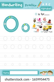 Letter O uppercase and lowercase cute children colorful ABC alphabet trace practice worksheet for kids learning English vocabulary and handwriting layout in A4 vector illustration. svg