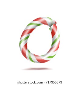 Letter O Vector. 3D Realistic Candy Cane Alphabet Symbol In Christmas Colours. New Year Letter Textured With Red, White. Typography Template. Striped Craft Isolated Object. Xmas Art Illustration