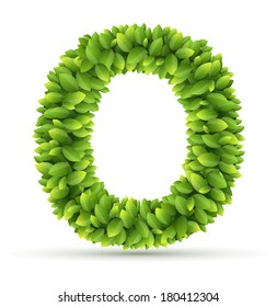 Letter O, vector alphabet of green leaves  on white background