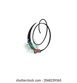 Letter O vector holiday illustration with tree branches and cones. Floral alphabet merry christmas. Monogram initials are perfect for greeting card, logo, poster. Isolated on white background 