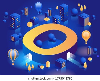 Letter O. Vector isometric abstract font with icons, buildings, colour boxes, trees, balloons. 3d letter for design concept. More letters in same style in my portfolio