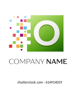 Letter O vector logo symbol in the colorful square with shattered blocks on white background. Vector template for your design