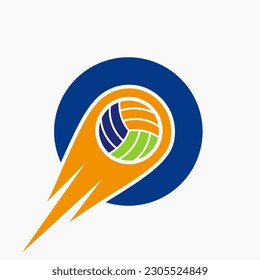 Letter O Volleyball Logo Concept With Moving Volley Ball Icon. Volleyball Sports Logotype Template