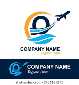 Letra O con logotipo de Onda y Avión Volador para Agencia de Viajes. Logotipo de diseño vectorial para etiqueta de transporte de viajes, turismo, publicidad de la compañía de vuelos