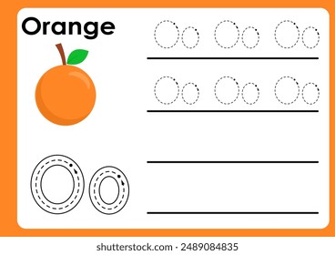 Carta de hoja de cálculo con naranja. Libro de actividades de seguimiento de alfabeto en estilo ilustrativo lindo colorido