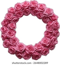 Uma coroa "o" de rosas cor-de-rosa forma um círculo perfeito, suas muitas flores criando um quadro adorável contra um fundo branco, ideal para adicionar texto ou imagens dentro de seu centro.