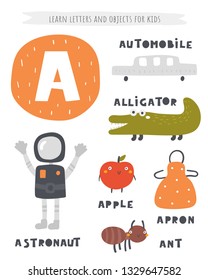 A letter objects and animals including astronaut, alligator, apple, apron, ant, automobile. Learn english alphabet, letters, words for kids