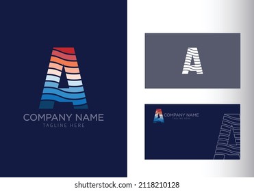 letter A with ocean waves and sunset beach vibes. Font style, vector design template elements for your travel, tour, vacation, and summer party corporate identity.