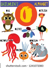 Letter O.Cute children's alphabet with adorable animals and other things.Poster for kids learning English vocabulary.Cartoon vector illustration.