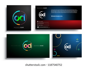 Letter OD logotype with colorful circle, letter combination logo design with ring, sets of business card for company identity, creative industry, web, isolated on white background.