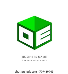 Letter OE logo in hexagon shape and green background, cube logo with letter design for company identity.
