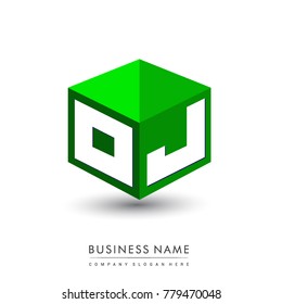 Letter OJ logo in hexagon shape and green background, cube logo with letter design for company identity.
