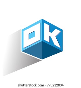 Letter OK logo in hexagon shape and blue background, cube logo with letter design for company identity.

