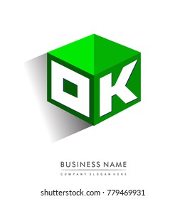 Letter OK logo in hexagon shape and green background, cube logo with letter design for company identity.
