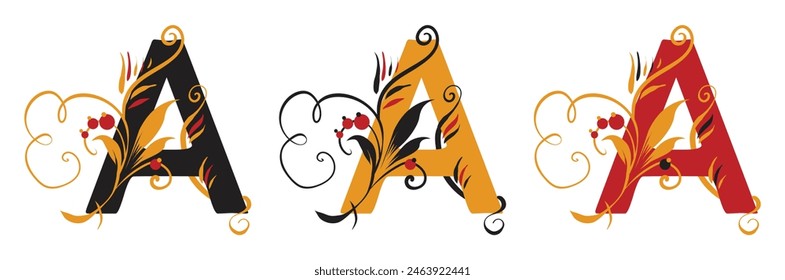 The letter a in the old Russian style in three versions with beautiful curls. Traditional Russian floral motifs. For monogram, invitations, wedding, decoration.