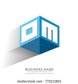 Letter OM logo in hexagon shape and blue background, cube logo with letter design for company identity.
