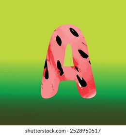 Lettre A sur fond vert clair.   Style alphabet de dessin animé pour enfants. Pastèque à l'aquarelle. Illustration vectorielle dessinée à la main.