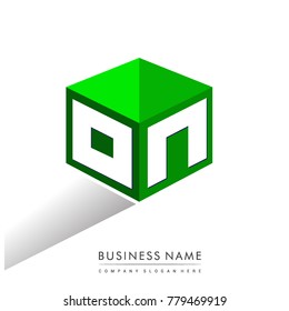 Letter ON logo in hexagon shape and green background, cube logo with letter design for company identity.
