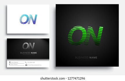Letter ON logotype with colorful circle, with striped composition letter, sets of business card for company identity, creative industry, web.
