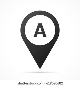 Letter A on map pin. Location pointer isolated on a white background.
Conceptual vector illustration.