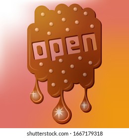 Letter on melted chocolate. Flowing chocolate forms the inscription "open"