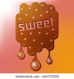 Letter on melted chocolate. Flowing chocolate forms the inscription "sweet"